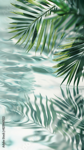 White background with palm leaves and water reflections, soft blue color scheme,