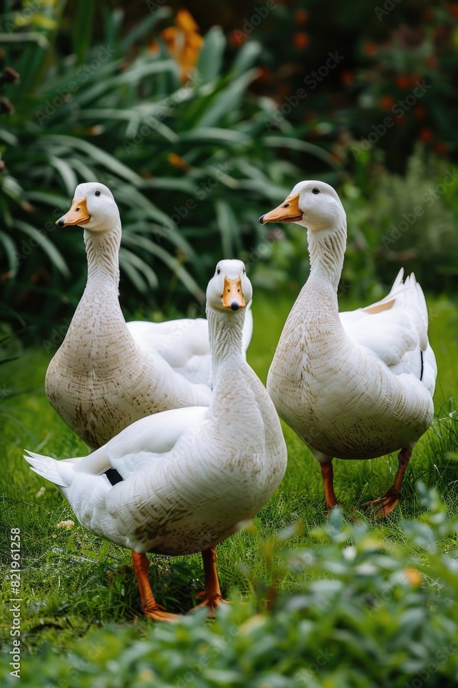 Group of ducks standing on lush green field. Suitable for nature and wildlife themes Group of ducks standing on lush green field. Suitable for nature and wildlife themes
