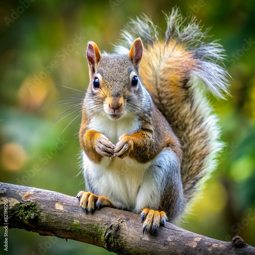 a squirrel with a realistic fluffy tail sits on a © Ali