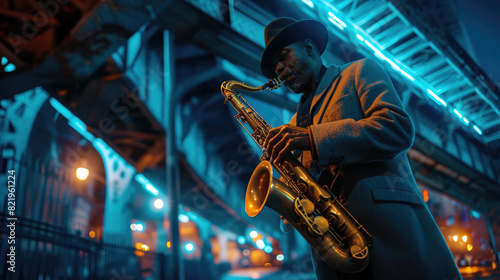 Saxophone playing with a New York City subway background photo