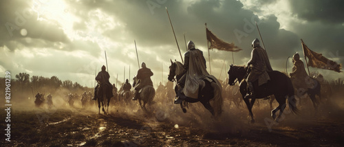 Armored knights on horseback are charging forward. They are carrying swords and lances, and their armor is gleaming in the sun. The knights are riding in formation photo