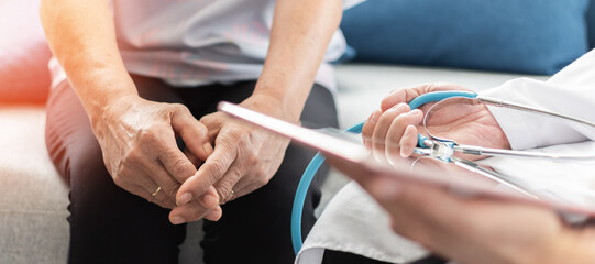 Elderly senior, old menopause elder woman patient having geriatric doctor consulting and diagnostic examining on aging and mental health care in medical clinic office or hospital examination room