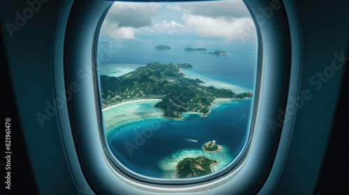 Islands in from an airplane window. The islands are covered in lush green vegetation and surrounded by crystal-clear blue water. © Ruslan Gilmanshin