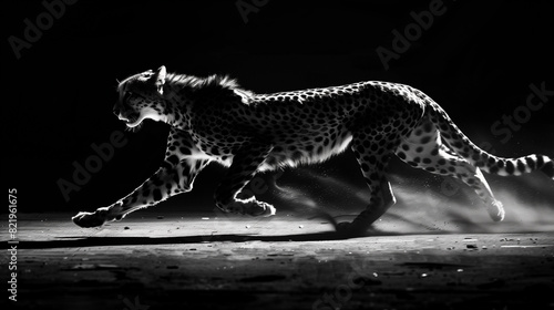 Black and white back lit Cheetah running in the dark