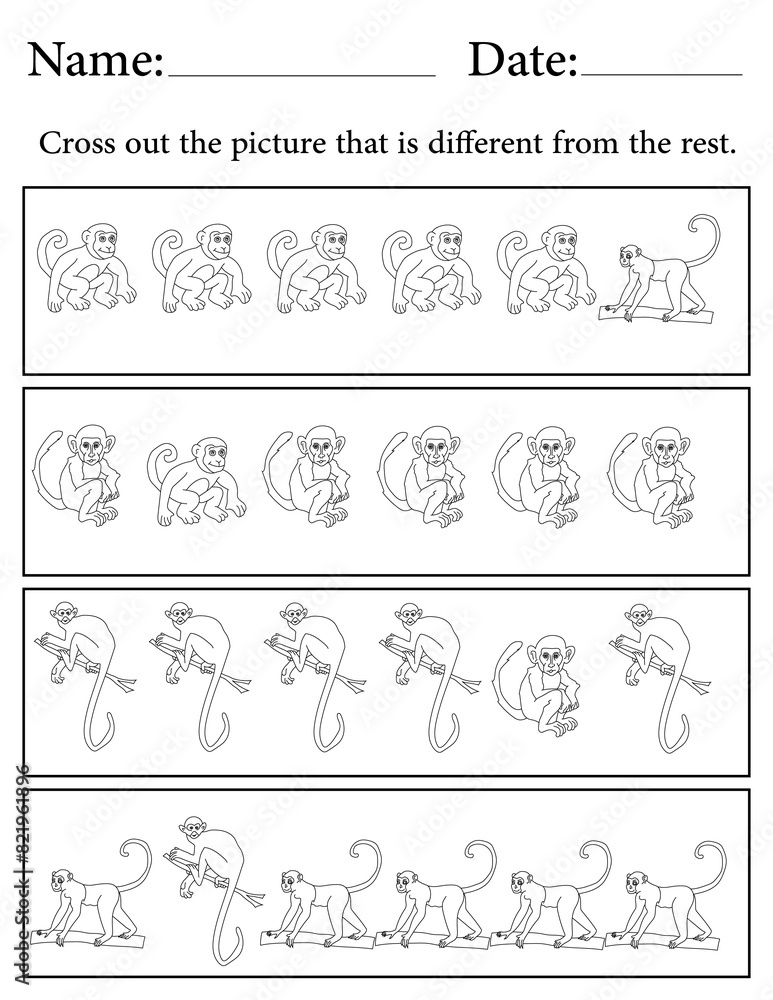 Monkey Puzzle. Printable Activity Page for Kids. Educational Resources for School for Kids. Kids Activity Worksheet. Find the Different Object