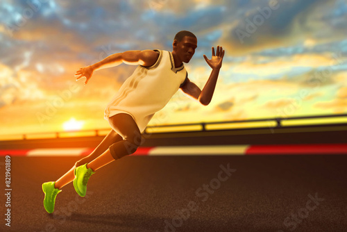 Young man runner sprinting on the street, city park in the morning with sunlight sky, 3d illustration © fotokitas