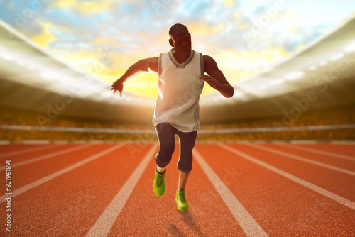 Young man runner sprinting to finish line in the stadium field with sunlight sky, 3d illustration © fotokitas