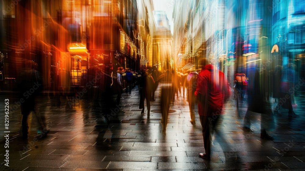 Artistic motion blur in a bustling street scene