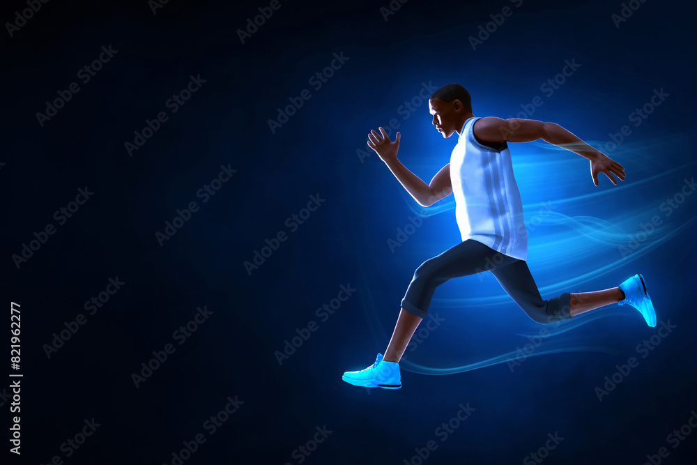 Obraz premium Young man runner jumping on dark blue smoke background, 3d illustration