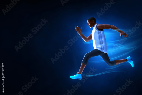Young man runner jumping on dark blue smoke background, 3d illustration © fotokitas