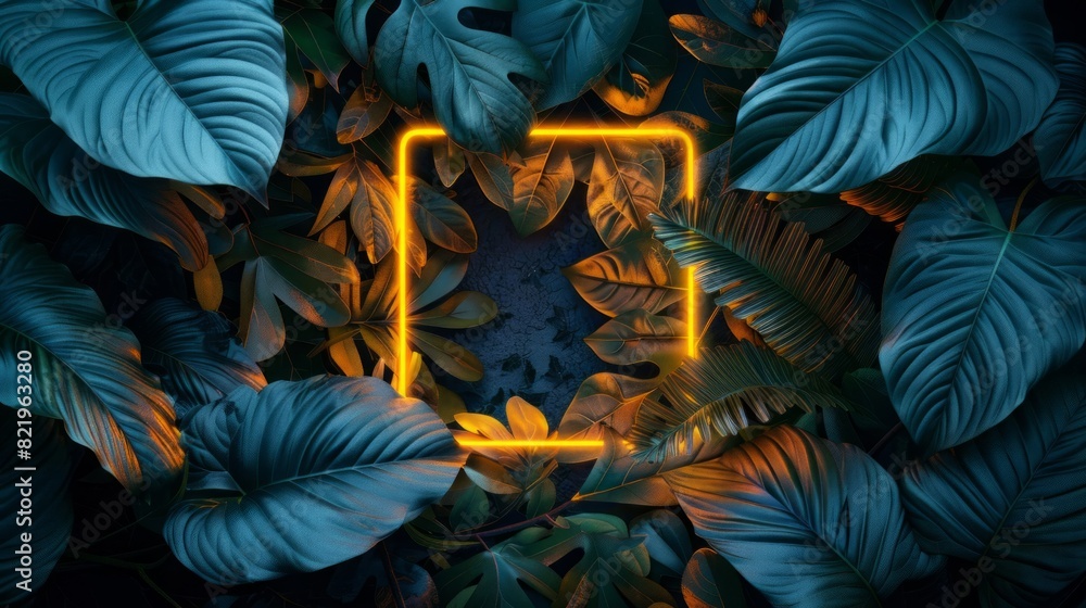 Neon square frame with tropical leaves and plants. Neon circle frame Neon square frame with tropical leaves and plants. Neon circle frame