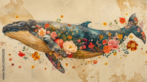 Drawing whale on beige background with flowers