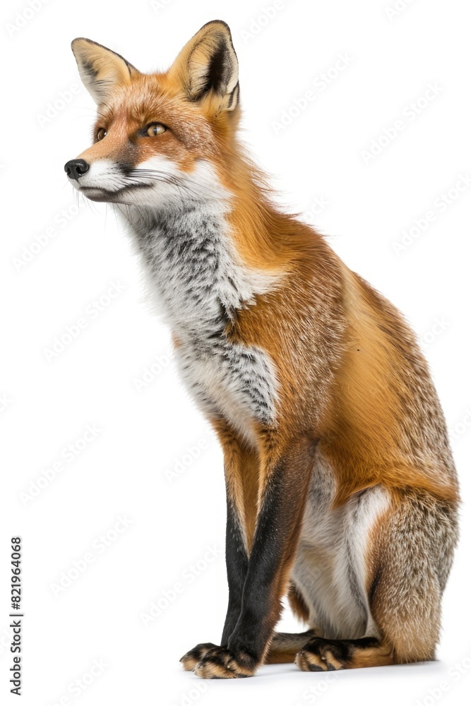 A red fox sitting on a plain white surface. Can be used for wildlife or animal themes
