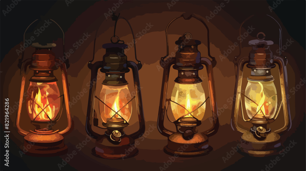 Old oil lamp gas or kerosene camp lantern vector set