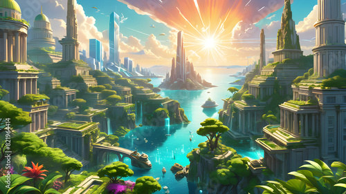 Futuristic fantasy castle on a mountain in a valley where summer's light dances on tranquil waters. Northern auroras illuminate the sky, clouds of sunset over the sea, , breathtaking landscape.