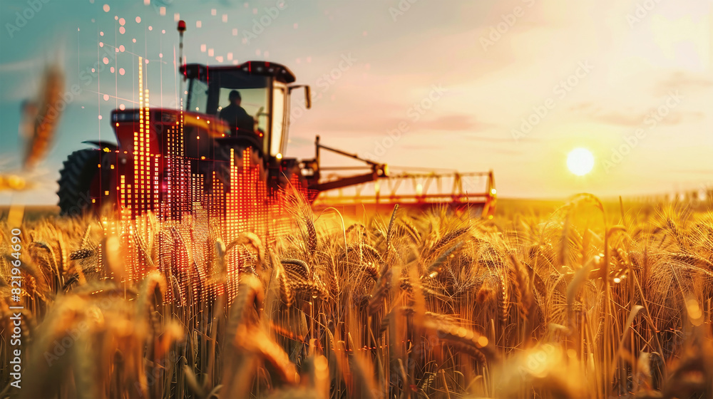 Fototapeta premium A vibrant tractor navigates through a wheat field, harvesting crops against a beautiful sunset backdrop