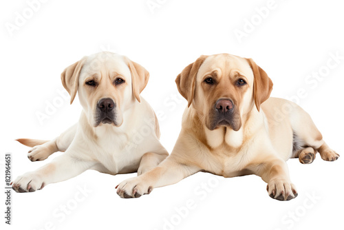 The image features two Labrador Retrievers sitting side by side on a transparent background.