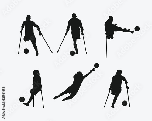Silhouettes illustration of Amputee football player. Disabled athletes with different action, pose. Isolated on white background. Graphic vector.