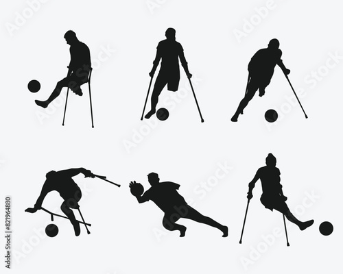 Silhouettes illustration of Amputee football player. Disabled athletes with different action, pose. Isolated on white background. Graphic vector.