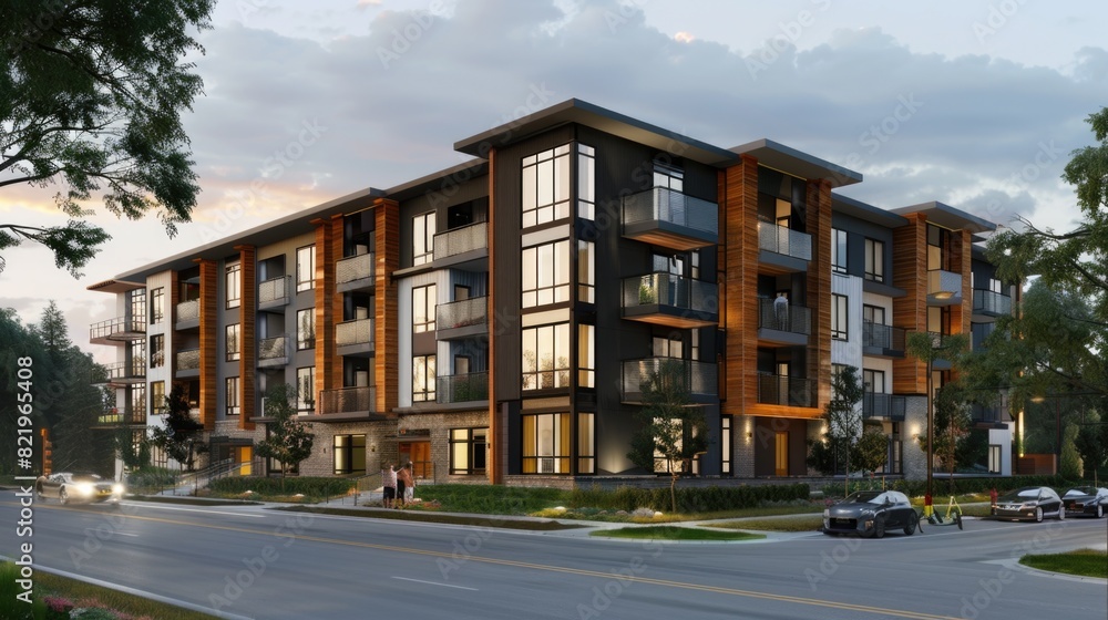 A modern apartment building located on a street corner. Suitable for real estate or urban architecture concepts A modern apartment building located on a street corner. Suitable for real estate or urban architecture concepts