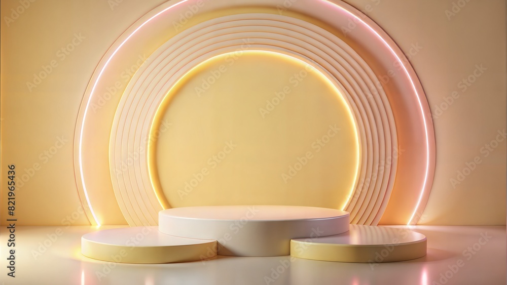 3d render podium soft pastel yellow and pink light colour with neon circle arc, soft light white background and abstract shape paper cut style wall 3d render podium soft pastel yellow and pink light colour with neon circle arc, soft light white background and abstract shape paper cut style wall