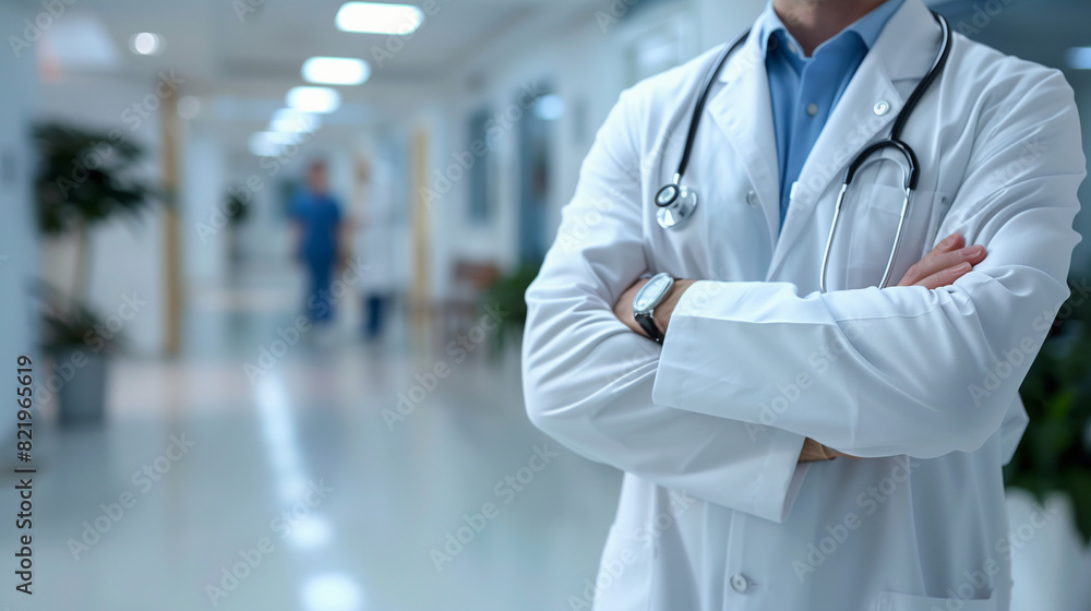 Doctor with stethoscope and white coat on blurred background, copy space Doctor with stethoscope and white coat on blurred background, copy space