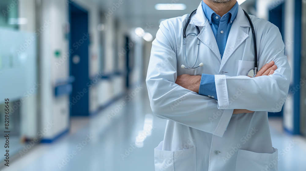 Doctor with stethoscope and white coat on blurred background, copy space Doctor with stethoscope and white coat on blurred background, copy space