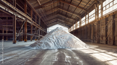 A towering pile of pristine white sand rests in the corner of a vast warehouse filled with potash fertilizers, symbolizing the mining and processing of minerals photo