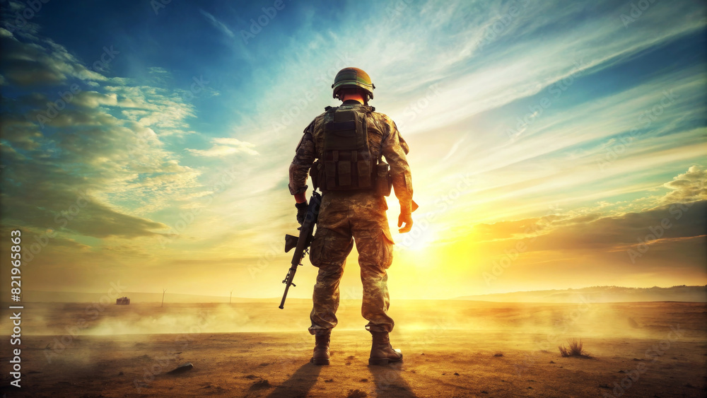 Silhouette of army soldier at dawn Back view. Equipped military man in Protective Combat Uniform is ready for war. Silhouette of army soldier at dawn Back view. Equipped military man in Protective Combat Uniform is ready for war.