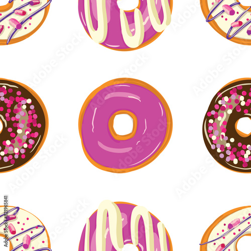 A seamless pattern of donuts with various pink purple and violet toppings. Donuts creates a delicious and visually appealing dessert vector art