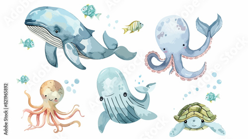 Underwater animals Four  fish whale turtle octopus. style