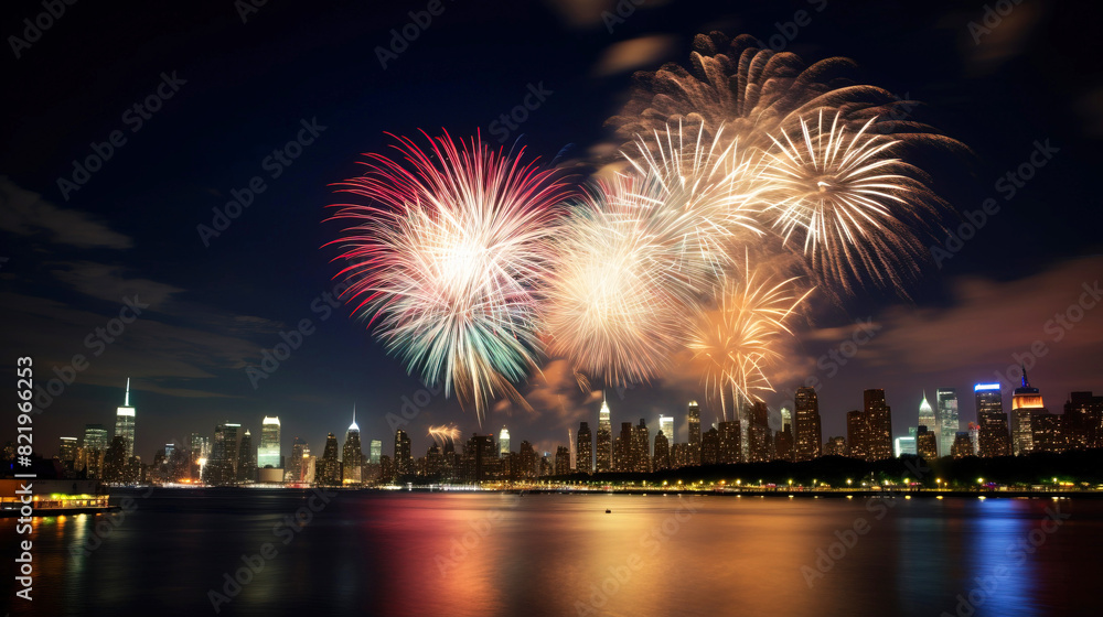 USA Independence Day July 4, night city across the river in salute. AI generated. USA Independence Day July 4, night city across the river in salute. AI generated.