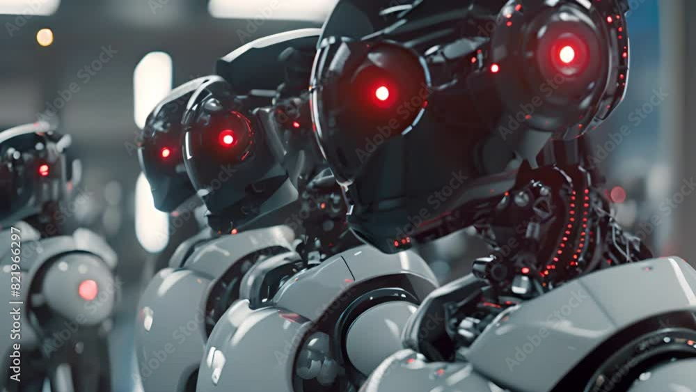 Close-up 3D rendering of droid AI research and cyborg development to design people's future digital data mining Close-up 3D rendering of droid AI research and cyborg development to design people's future digital data mining