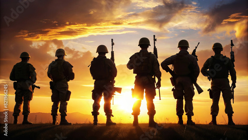 Silhouettes of army soldiers in the sunset Back view. Group of equipped military men in Protective Combat Uniform is ready for war. 