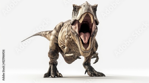 In this rendering, a Tyrannosaurus Rex is attacking a white background.