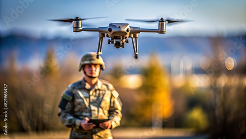 Close up of soldier preparing drone for flying. A drone operator controls for reconnaissance operation. Concept using quadcopters in smart digital war