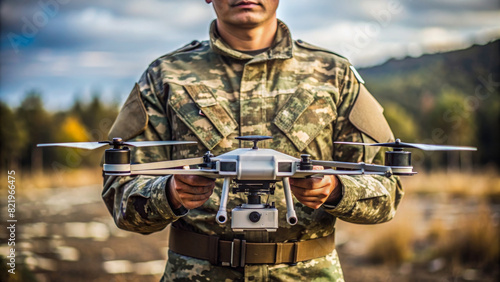 Close up of soldier preparing drone for flying. A drone operator controls for reconnaissance operation. Concept using quadcopters in smart digital war