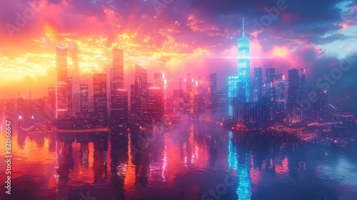 Modern city skyline with building scenery at sunset.