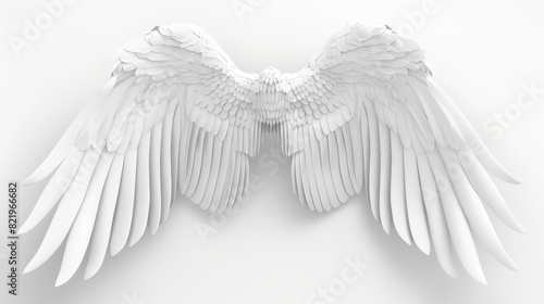 The white plumage of angel wings is isolated on a white background in this 3D illustration.
