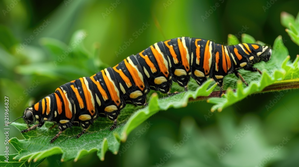 Detailed shot of caterpillar on green leaf, suitable for educational materials Detailed shot of caterpillar on green leaf, suitable for educational materials