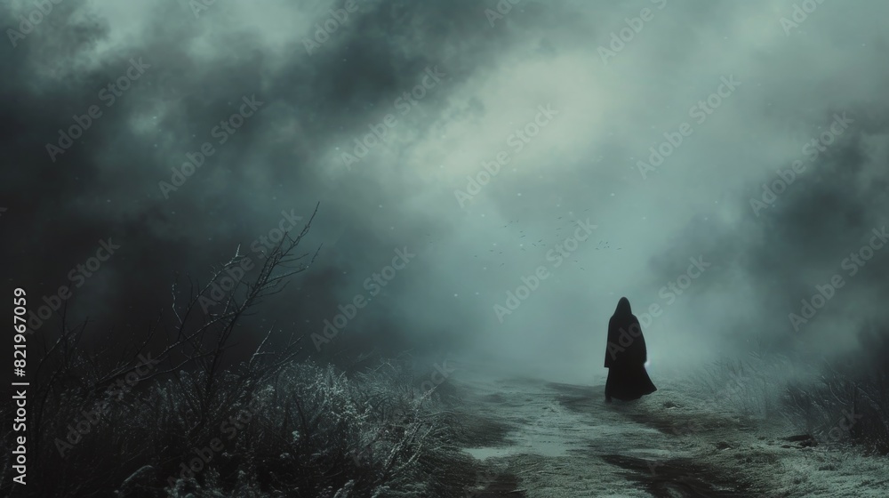 Fototapeta premium A shadowy figure walks along a foggy path surrounded by leafless shrubs and a dramatic cloudy sky, exuding a sense of solitude and mystery.