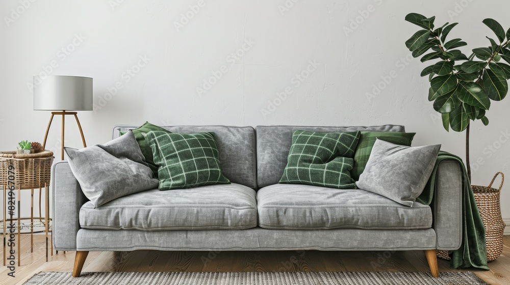 Interior of a living room with gray velvet sofa, pillows, green plaid, lamp, and fiddle leaf tree in wicker basket on white wall background. 3D rendering. Interior of a living room with gray velvet sofa, pillows, green plaid, lamp, and fiddle leaf tree in wicker basket on white wall background. 3D rendering.