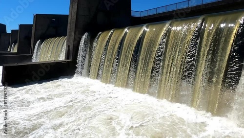 Hydroelectric power station with sluice on the Danube with open drain at high water, Germany