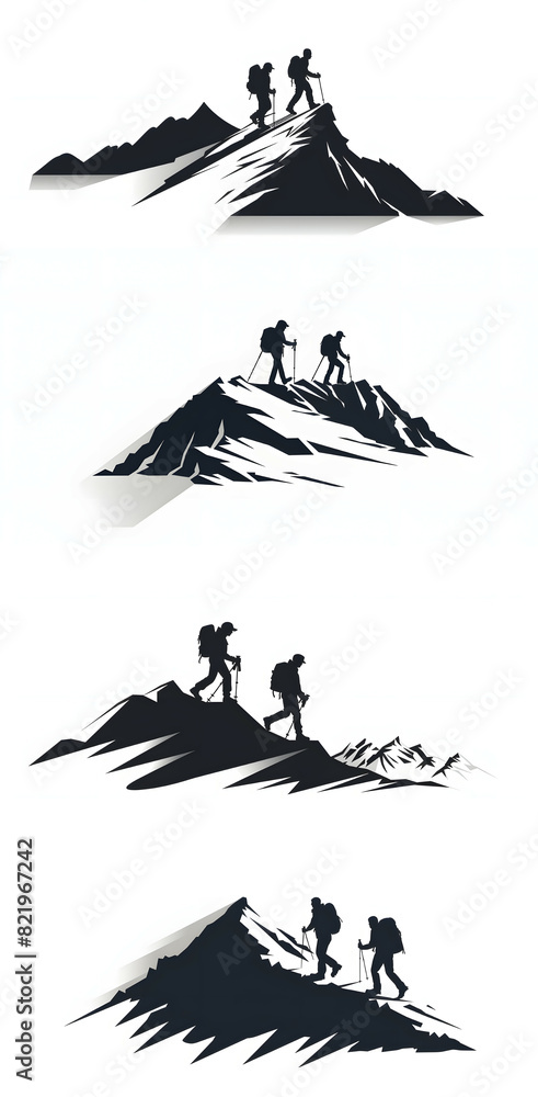 Fototapeta premium black silhouette of two hiking on the mountain illustration icon vector for logo, isolated on white background