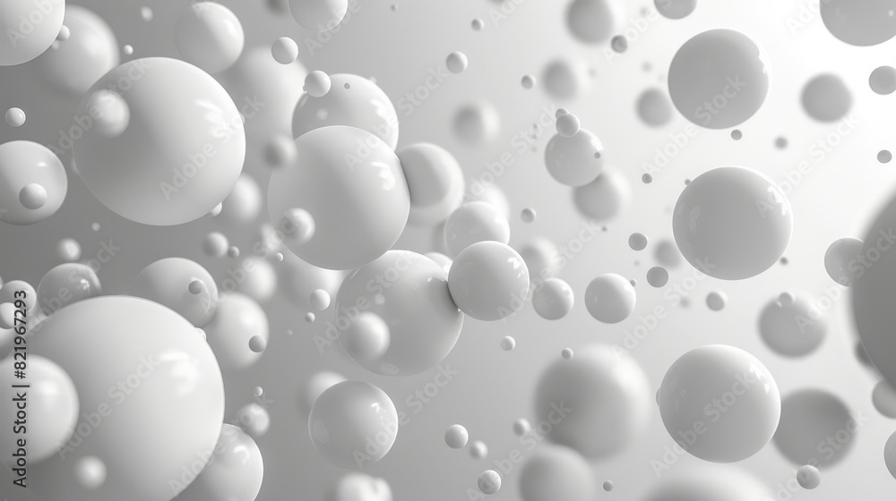 The white soft spheres are falling. Modern realistic illustration. Abstract background with geometric shapes. Modern cover design. Ad banner template. Dynamic wallpaper with balls and particles. The white soft spheres are falling. Modern realistic illustration. Abstract background with geometric shapes. Modern cover design. Ad banner template. Dynamic wallpaper with balls and particles.