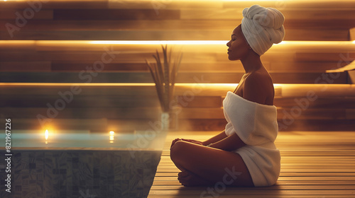 A woman in the wooden interior of an illuminated and darkly lit steam room