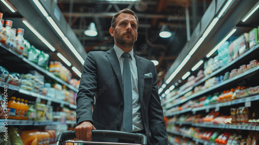 Photo of a business man in a suit grocery shopping and pushing a cart, Photo of a business man in a suit grocery shopping and pushing a cart,