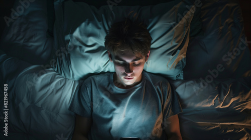 Young man suffering from insomnia uses a smartphone at night, addiction and stress concept
