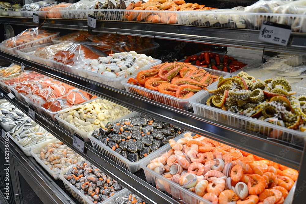 Various seafood on the shelves of the fish market in Norway 
