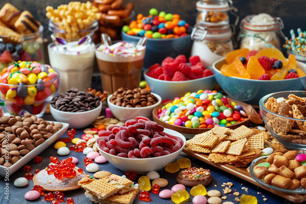 various snacks and sweets on a sweet table with desserts, gummy worms and cereals 